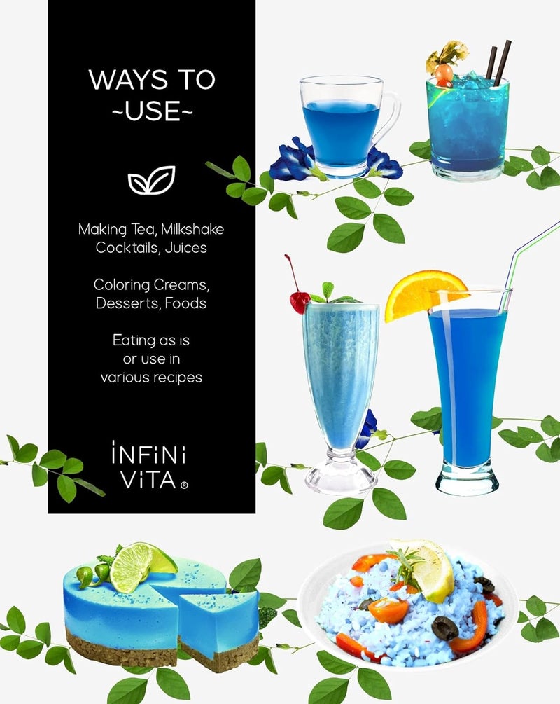 Infini Vita Dried Butterfly Pea Flower Tea 28g (1 oz) - 100% Organic Blue Tea, Pure, Non-GMO, Gluten Free - Natural Energy Booster and Relaxing Beverage - Image 4